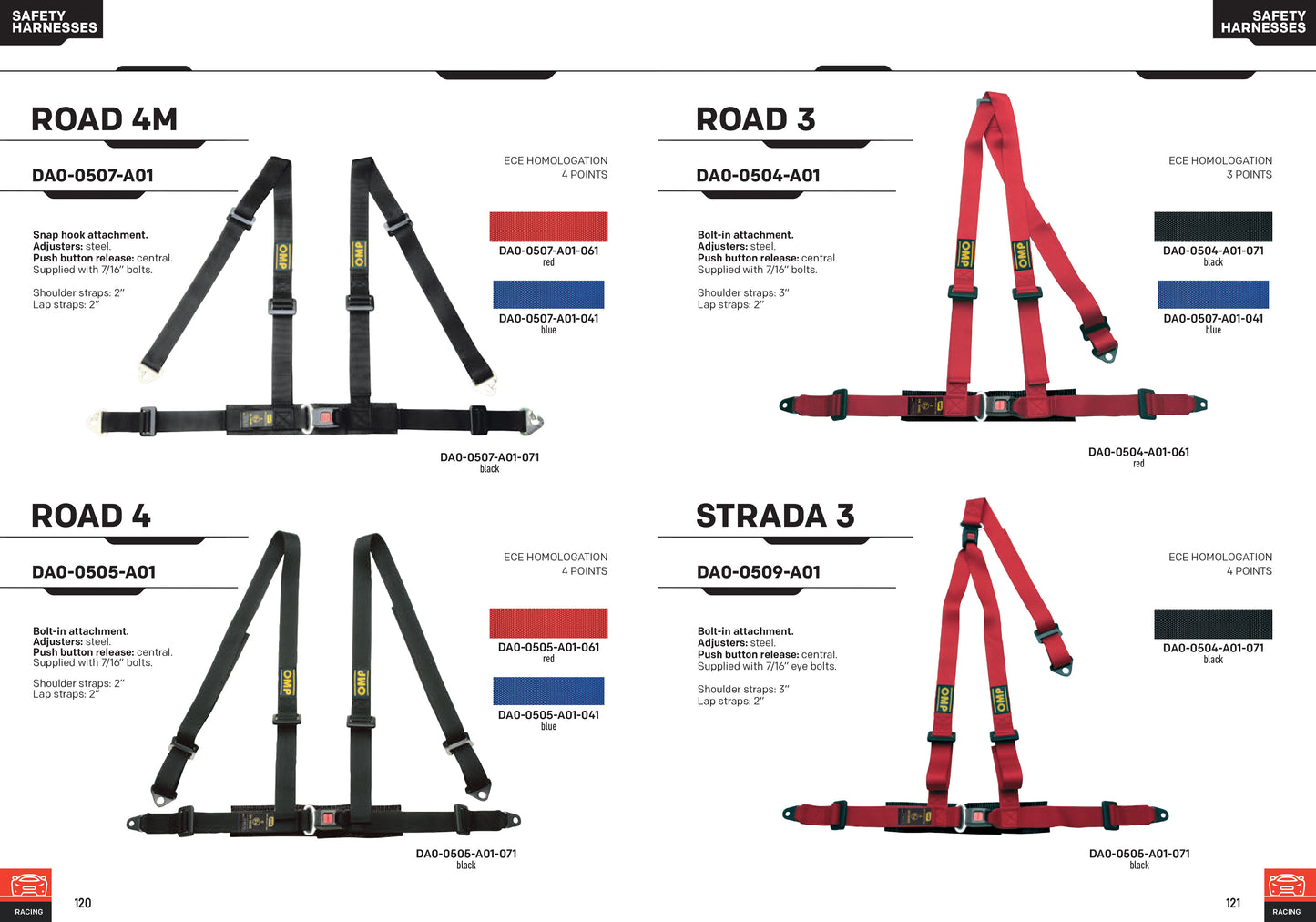 DA509 OMP 'STRADA 3' ROAD HARNESS 3-POINT 2" STRAPS BOLT-IN - RED or BLACK