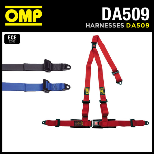 DA509 OMP 'STRADA 3' ROAD HARNESS 3-POINT 2" STRAPS BOLT-IN - RED or BLACK