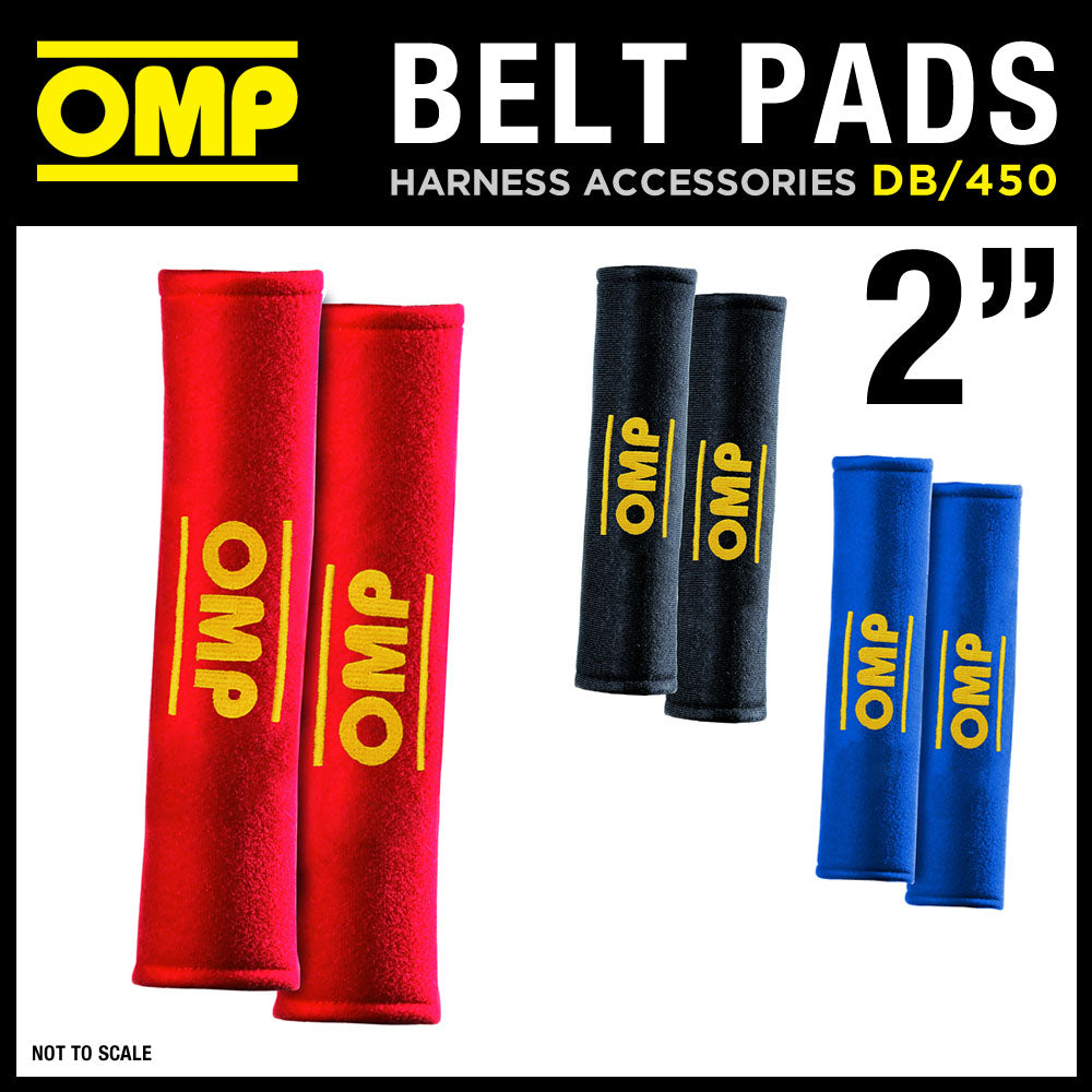DB/450 OMP RACING SEAT BELT HARNESS PADS PAIR 2" WIDTH in RED / BLACK / BLUE