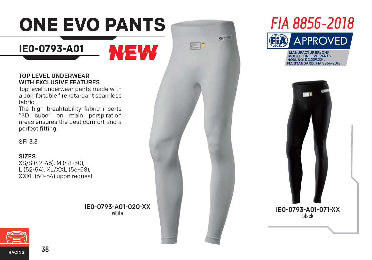 OMP One Evo Pants Racing Fireproof Underwear Long Johns FIA 8856-2018 Approved