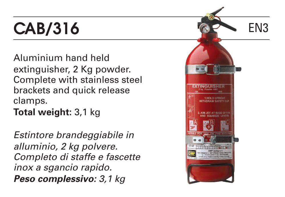 CAB/316 OMP Racing Hand Held Fire Extinguisher Aluminium 108mm 2kgs Powder EN3