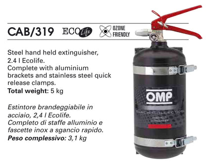 CAB/319 OMP Racing Hand Held Fire Extinguisher Steel 130mm 2 Litres Ecolife