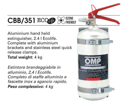 CBB/351 OMP Racing Hand Held Fire Extinguisher Aluminium 130mm 2.4 Litre Ecolife