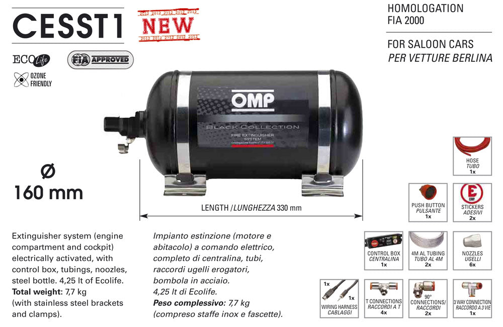 CESST1 OMP Racing Fire Extinguisher System 4.25L Ecolife 160mm FIA Approved
