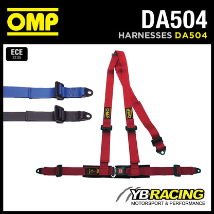 DA504 OMP 'ROAD 3' HARNESS BELTS 2" STRAPS 3-POINT BOLT-IN - RED / BLACK / BLUE