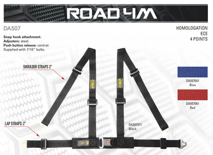 DA507 OMP 'ROAD 4M' HARNESS 2" BELTS with 4-POINT SNAP-HOOK - RED / BLACK / BLUE