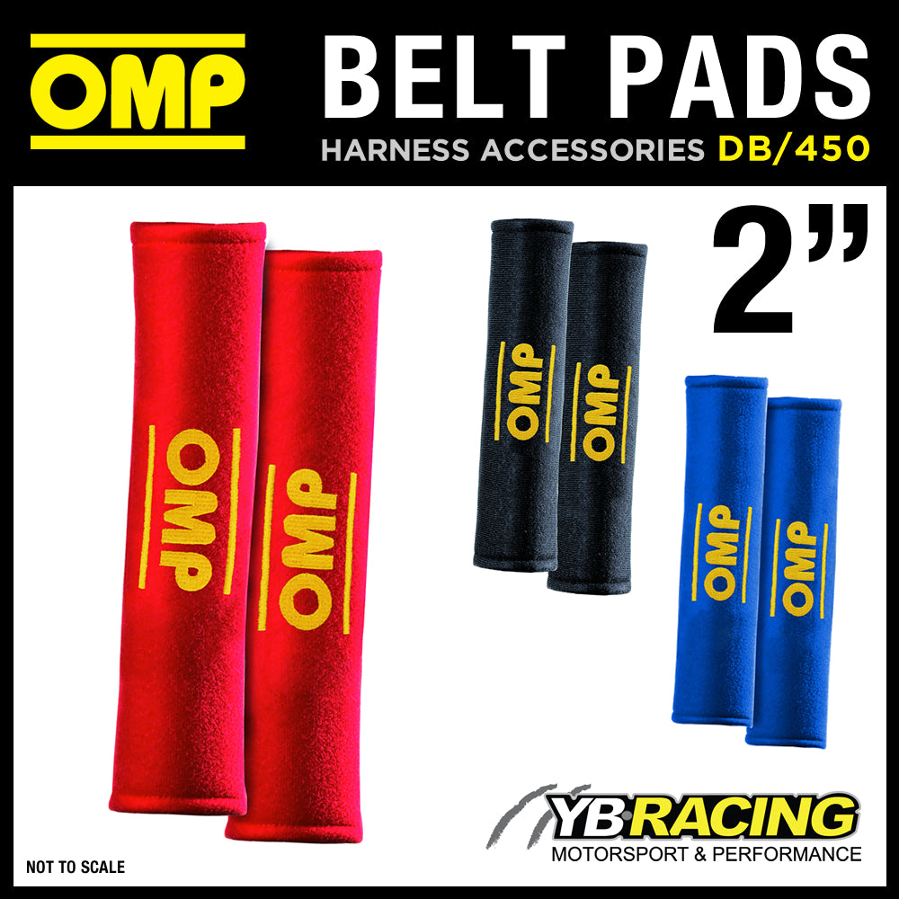 DB/450 OMP RACING SEAT BELT HARNESS PADS PAIR 2" WIDTH in RED / BLACK / BLUE