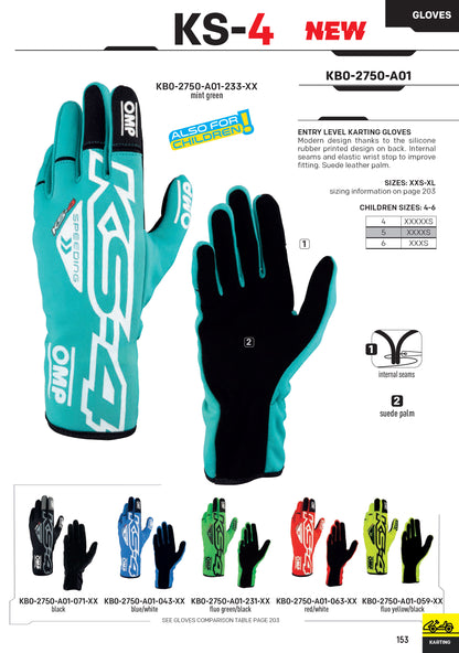 OMP KS4 Karting Gloves KS-4 Indoor Go-Karting Latest Modern Design in 6 Colours!