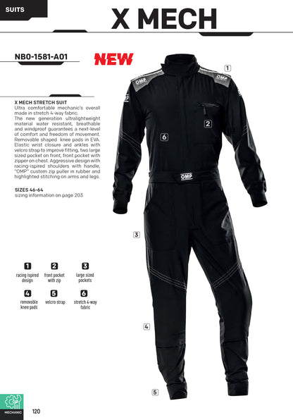 OMP X Mech Stretch Suit Mechanic Overalls Pitcrew Garage Teamwear Go-Karting