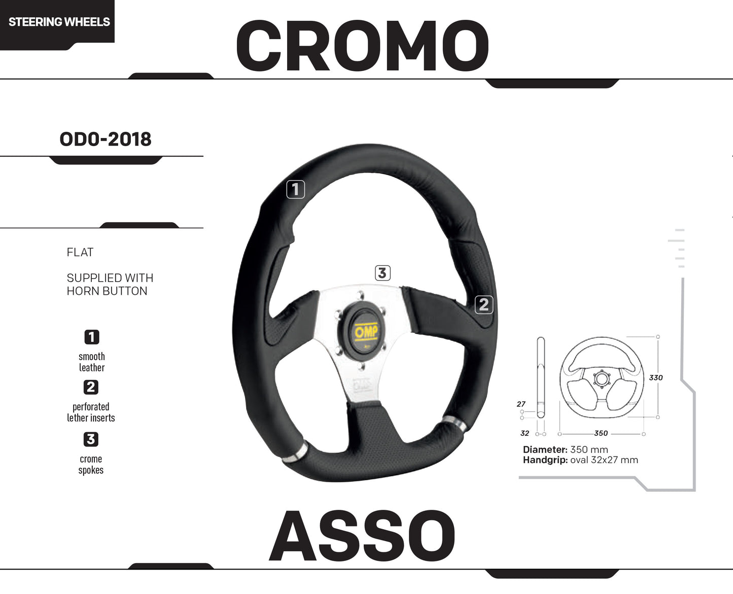 OD/2018/LN OMP CROMO SPORT STEERING WHEEL 350mm CHROME SPOKES in SMOOTH LEATHER!