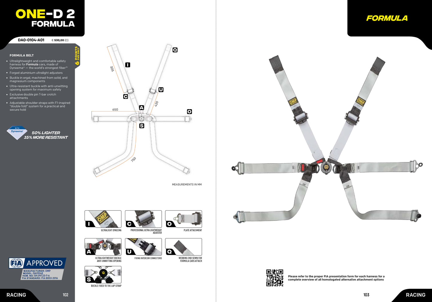 OMP Racing Harness Belts ONE-D 2 FORMULA Dyneema 6-Point FHR FIA 8853-2016