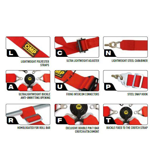 OMP Racing Harness ONE 2" Saloon Pull Down Safety Belts 6-Point FHR FIA 8853