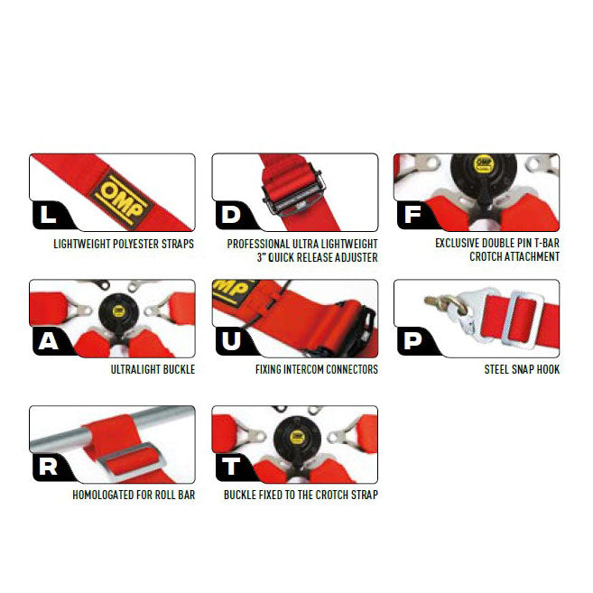 OMP Racing Harness TECNICA 3" Pull Up Safety Belts 6-Point FHR FIA 8853-2016