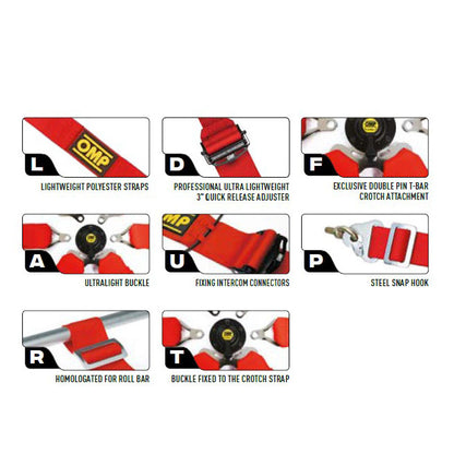 OMP Racing Harness TECNICA 3" Pull Up Safety Belts 6-Point FHR FIA 8853-2016