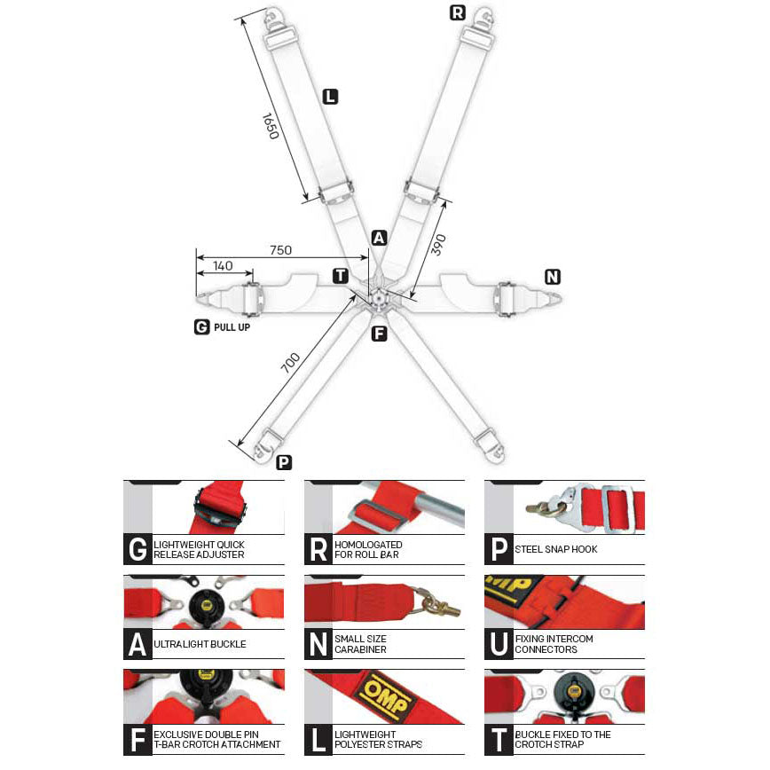 OMP Racing Harness TECNICA 3" Pull Up Safety Belts 6-Point FHR FIA 8853-2016