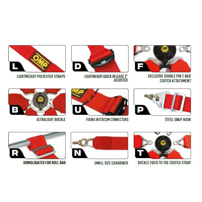 OMP Racing Harness TECNICA 3+2" Pull Up Safety Belts 6-Point FHR FIA 8853-2016