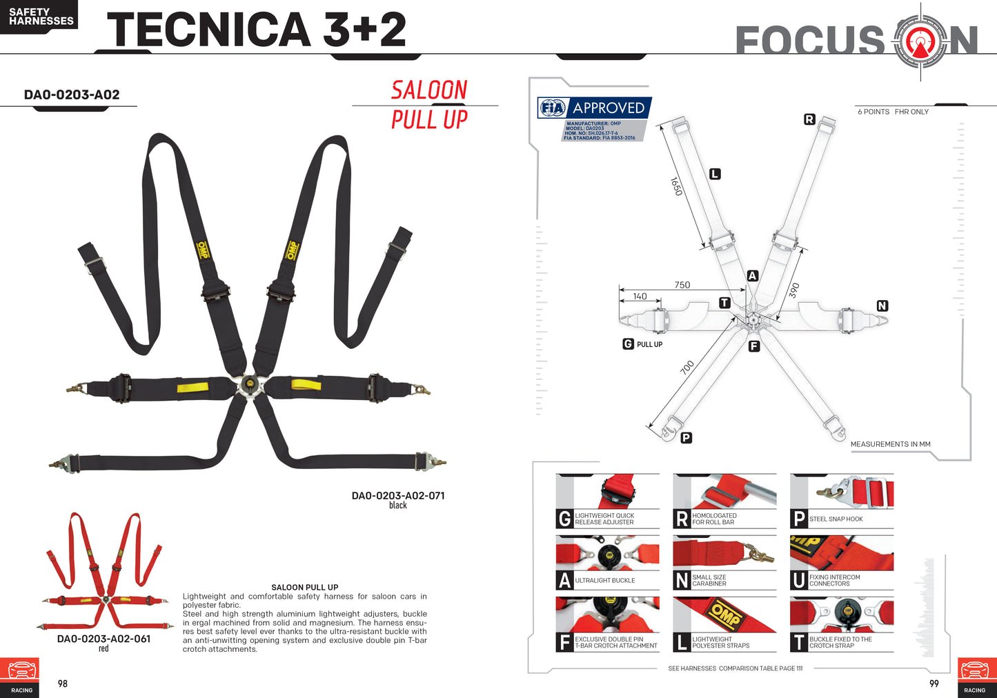 DA0203HL OMP TECNICA 3"+2" SAFETY HARNESS 6-POINT MOTORSPORT RACE RALLY FIA FHR