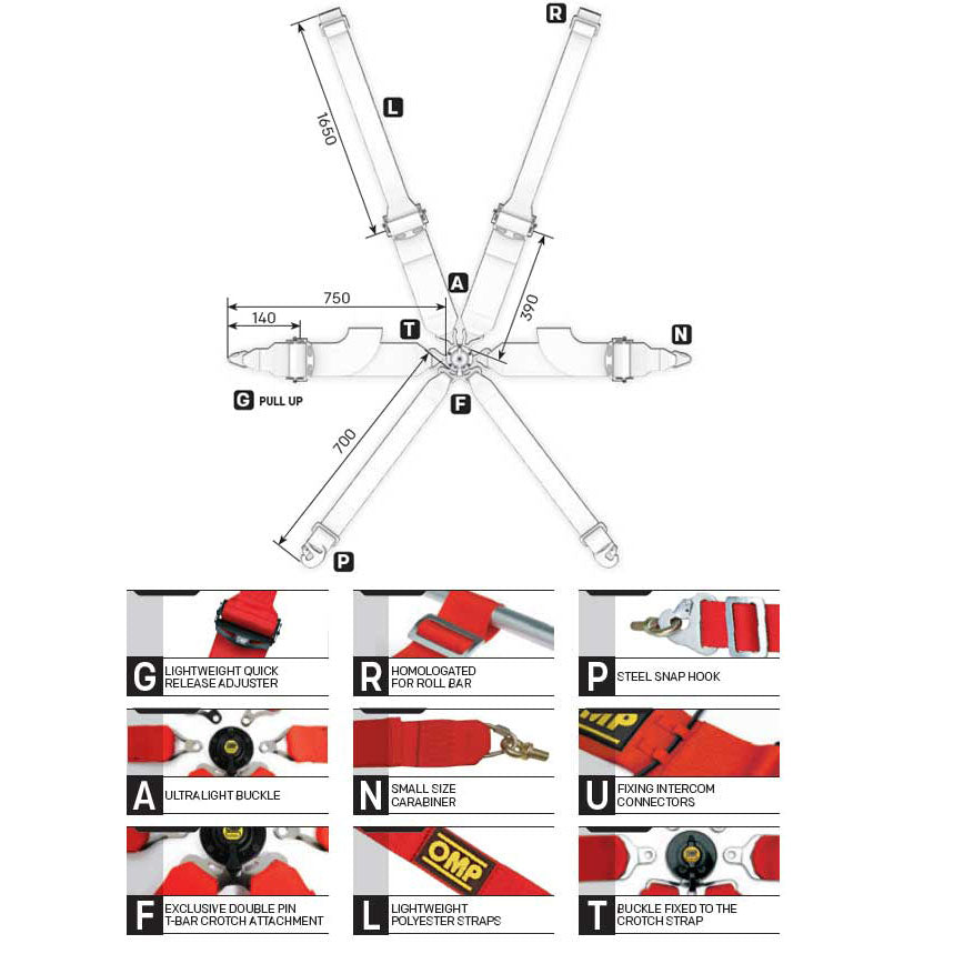 OMP Racing Harness TECNICA 3+2" Pull Up Safety Belts 6-Point FHR FIA 8853-2016