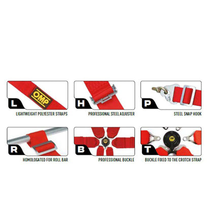 OMP Racing Harness FIRST 3+2" Pull Up 6-Point Entry Level Safety Belts FHR FIA