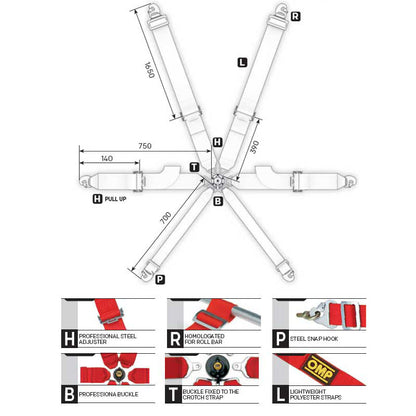 OMP Racing Harness FIRST 3+2" Pull Up 6-Point Entry Level Safety Belts FHR FIA