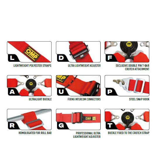 OMP Racing Harness ONE 3+2 Convertible Pull Up/Down Safety Belts 6-Point FHR FIA