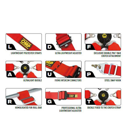 OMP Racing Harness ONE 3+2 Convertible Pull Up/Down Safety Belts 6-Point FHR FIA