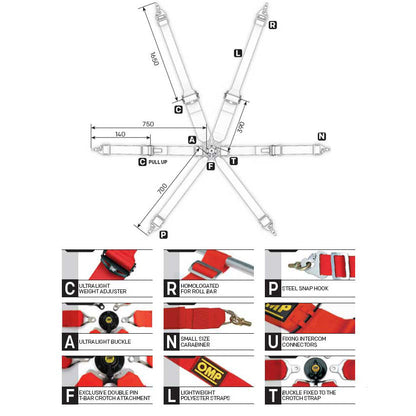 OMP Racing Harness ONE 3+2 Convertible Pull Up/Down Safety Belts 6-Point FHR FIA