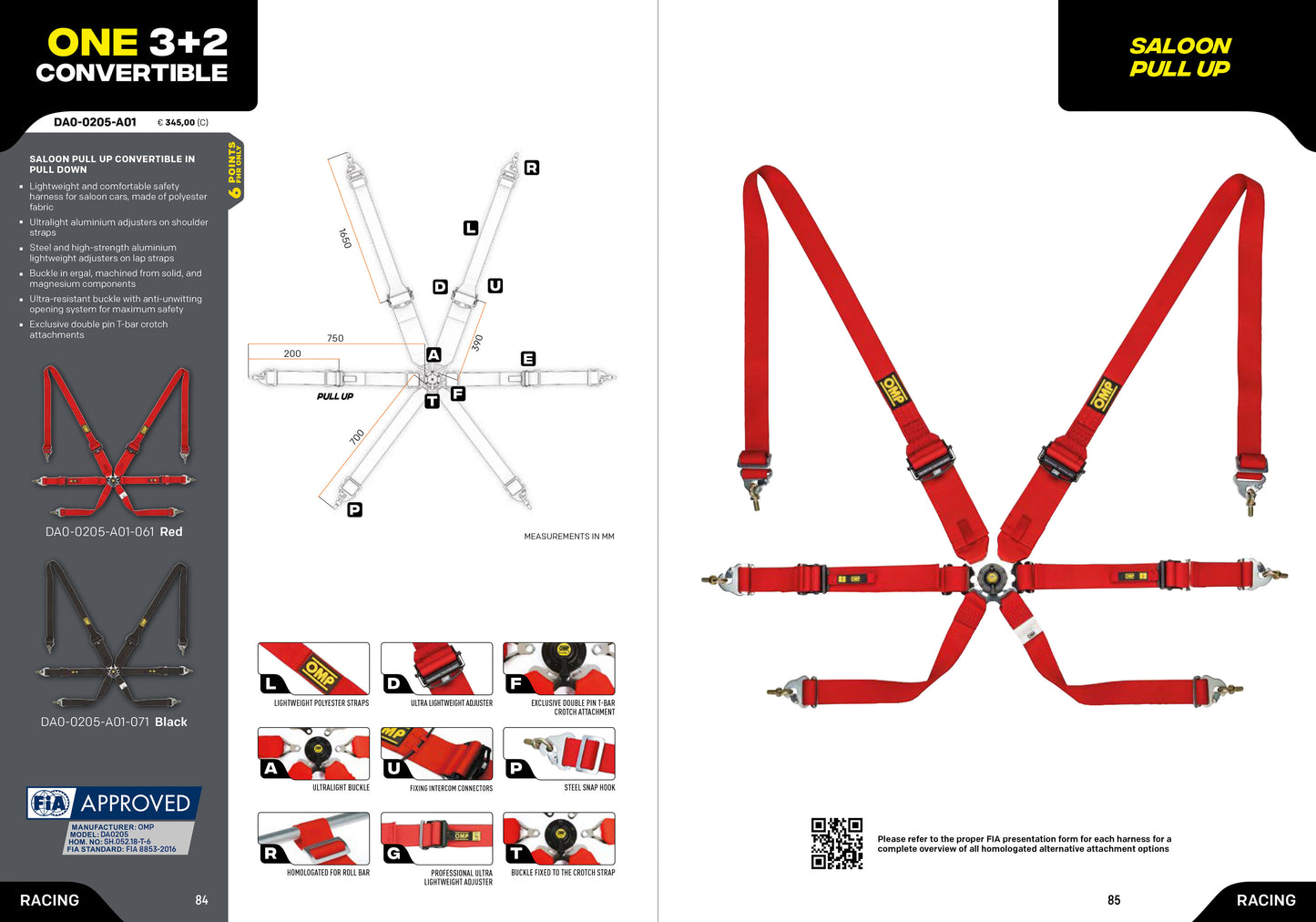 OMP Racing Harness ONE 3+2 Convertible Pull Up/Down Safety Belts 6-Point FHR FIA