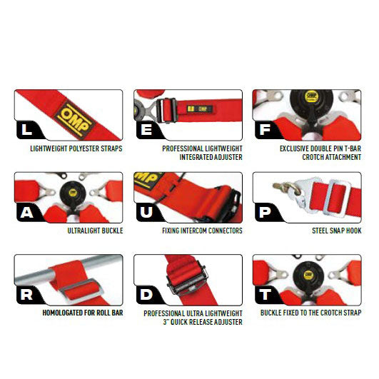 OMP Racing Harness ONE 3+2 ENDURANCE 6-Point Safety Belts Pull Down FHR FIA 8853
