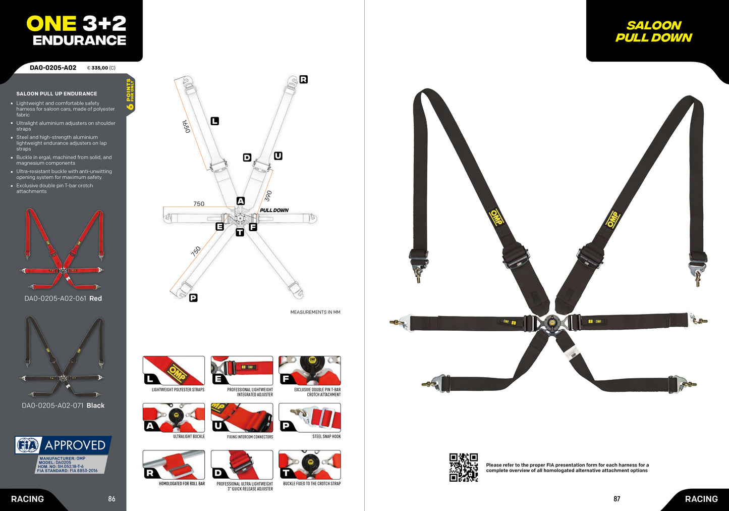 OMP Racing Harness ONE 3+2 ENDURANCE 6-Point Safety Belts Pull Down FHR FIA 8853