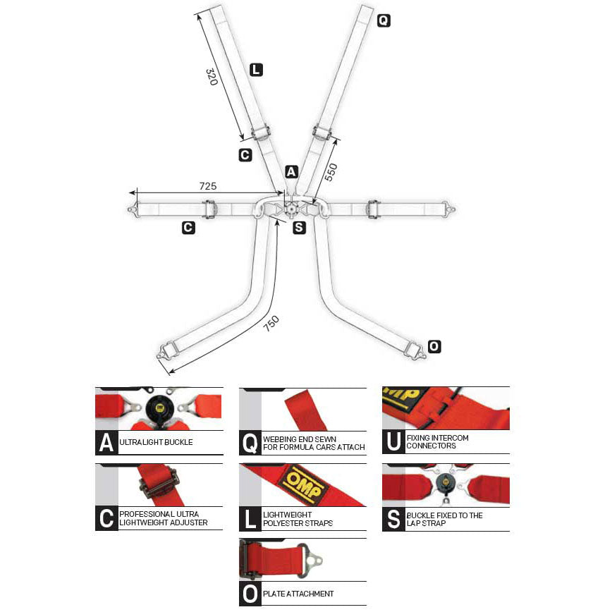 OMP Racing Harness TECNICA 2 FORMULA Safety Belts 6-Point FHR ONLY FIA 8853-2016