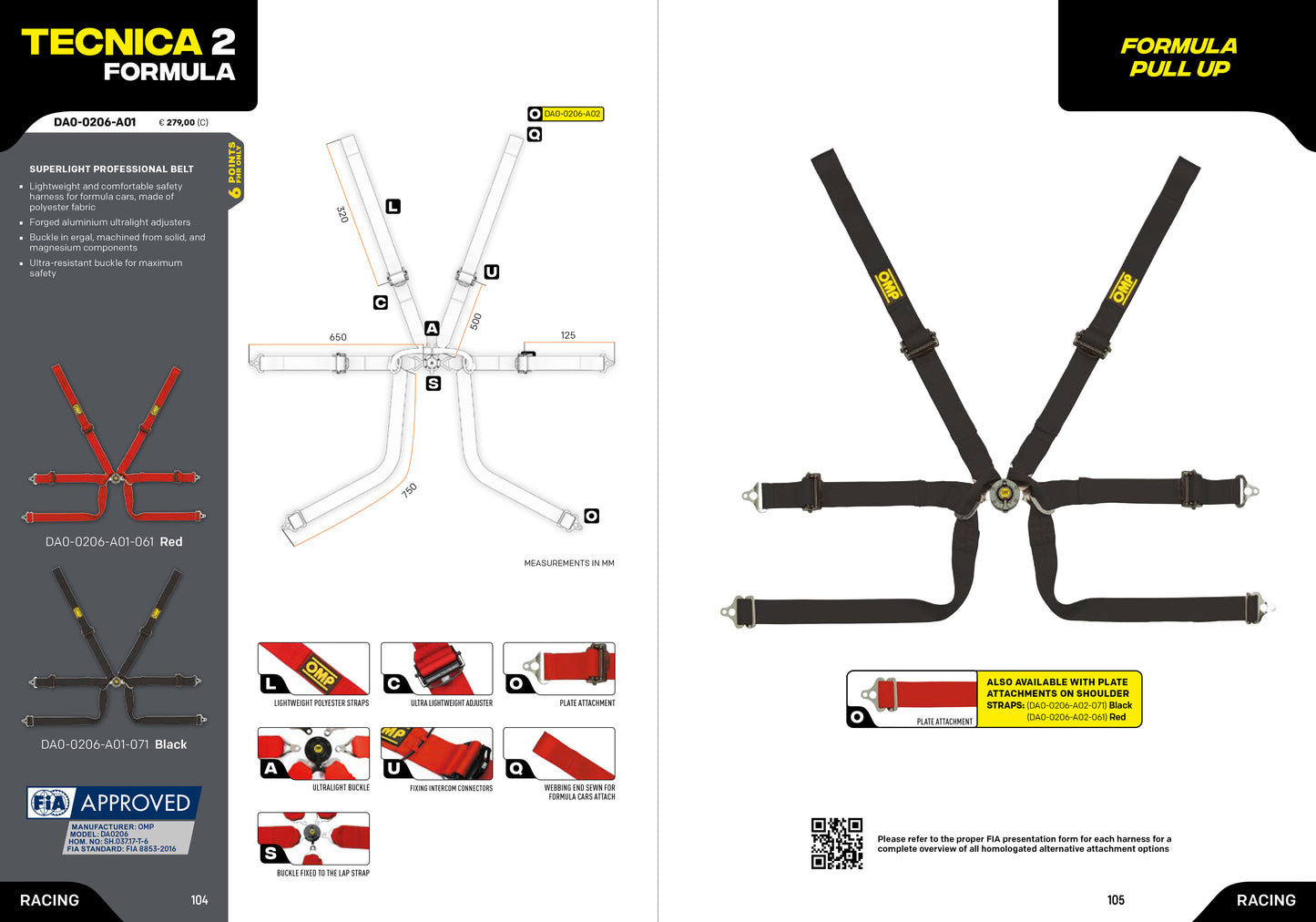 OMP Racing Harness TECNICA 2 FORMULA PULL UP Safety Belts 6-Point FHR FIA 8853-2016