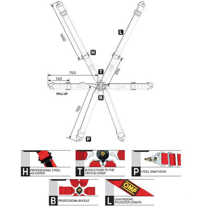 OMP Racing Harness FIRST 2" Pull Up Entry Level Safety Belts 6-Point FHR FIA