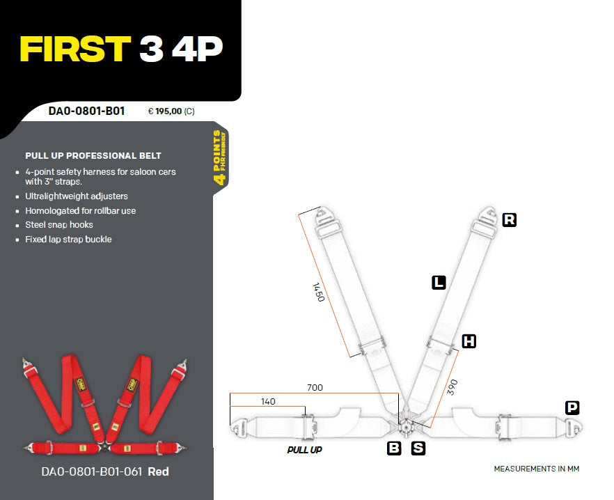 OMP Racing Harness FIRST 3" Pull Up Professional Safety Belts 4-Point FHR FIA