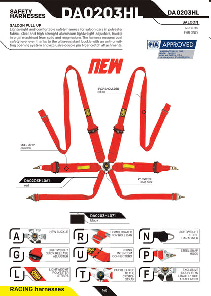 DA0203HL OMP TECNICA 3"+2" SAFETY HARNESS 6-POINT MOTORSPORT RACE RALLY FIA FHR