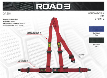 HARNAIS OMP DA504 « ROAD 3 » SANGLES DE 2" À 3 POINTS VISSÉS - ROUGE / NOIR / BLEU
