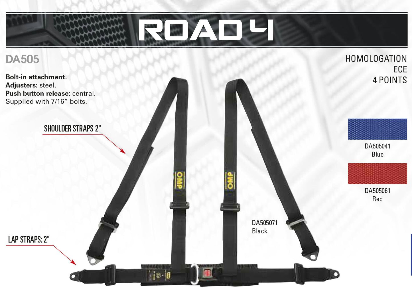 HARNAIS OMP DA505 « ROAD 4 » POUR VOITURE DE ROUTE À 4 POINTS À BOULONNER - ROUGE / NOIR / BLEU