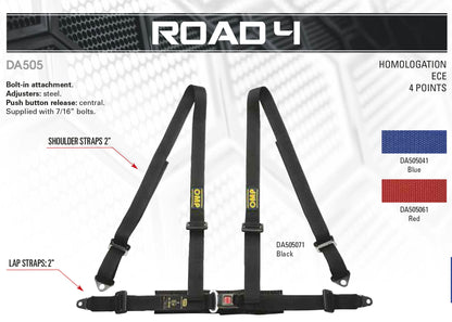 HARNAIS OMP DA505 « ROAD 4 » POUR VOITURE DE ROUTE À 4 POINTS À BOULONNER - ROUGE / NOIR / BLEU