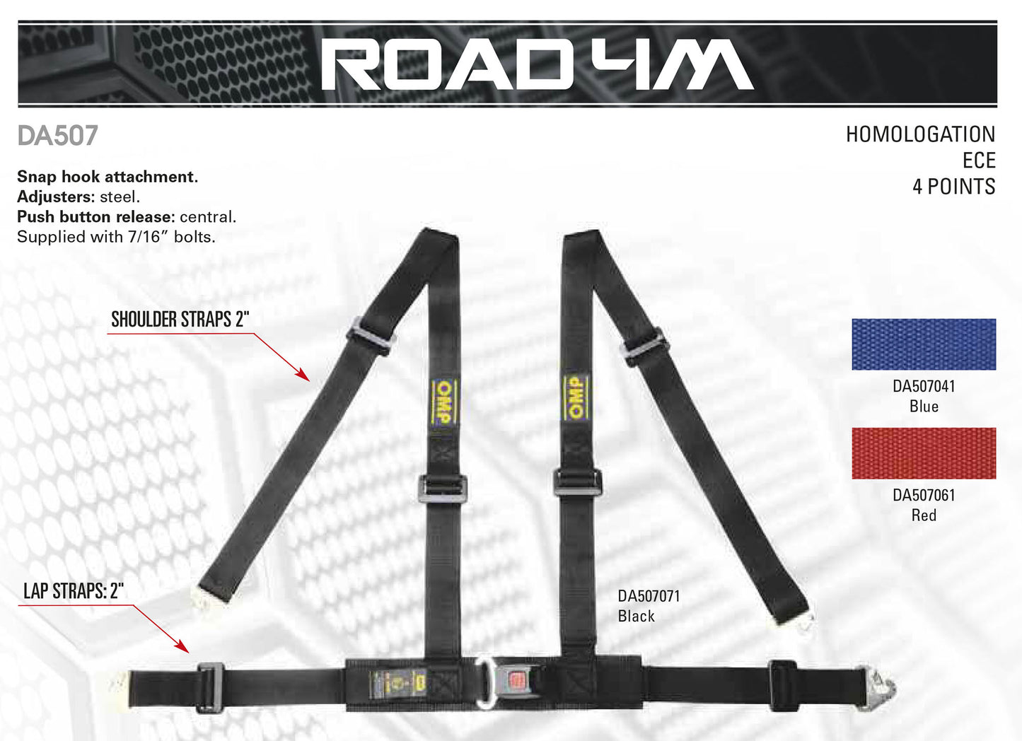 HARNAIS OMP DA507 'ROAD 4M' CEINTURES 2" AVEC MOUSQUETON 4 POINTS - ROUGE / NOIR / BLEU