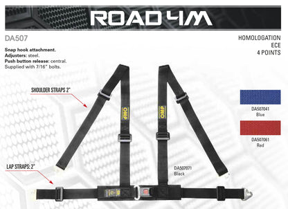 DA507 OMP 'ROAD 4M' GURT 2" GURTE mit 4-PUNKT-KARABINERHAKEN - ROT / SCHWARZ / BLAU
