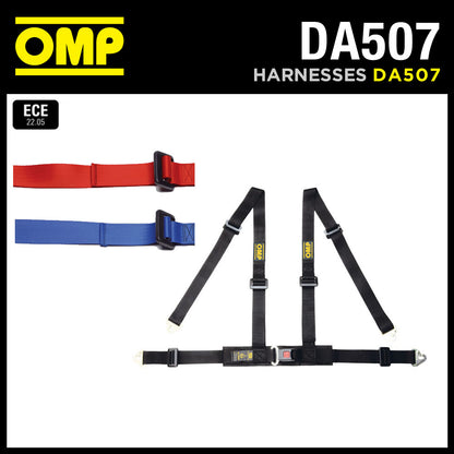 HARNAIS OMP DA507 'ROAD 4M' CEINTURES 2" AVEC MOUSQUETON 4 POINTS - ROUGE / NOIR / BLEU