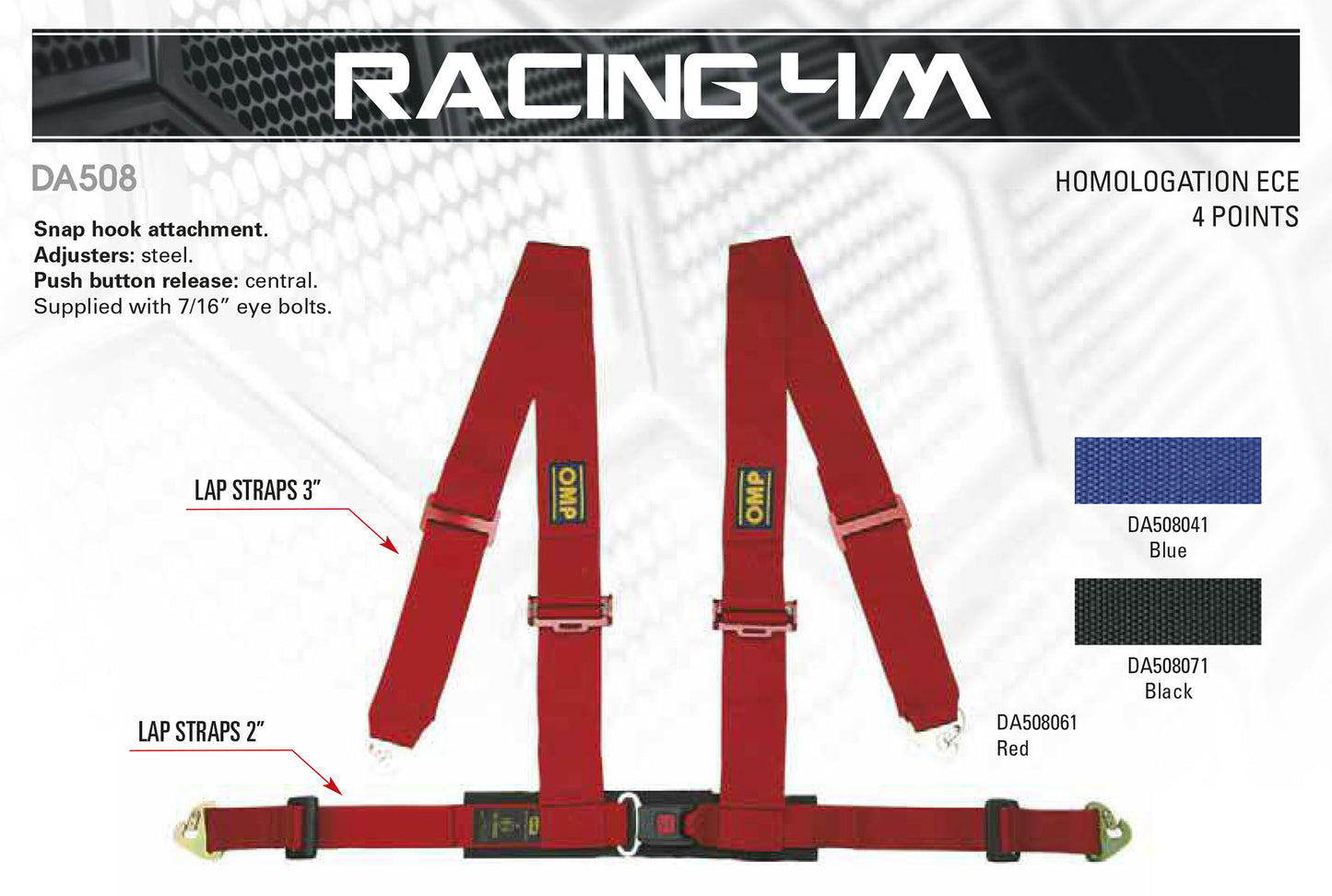 HARNAIS OMP DA508 RACING 4M" BRETELLES 3" MOUSQUETON ROUGE / NOIR / BLEU