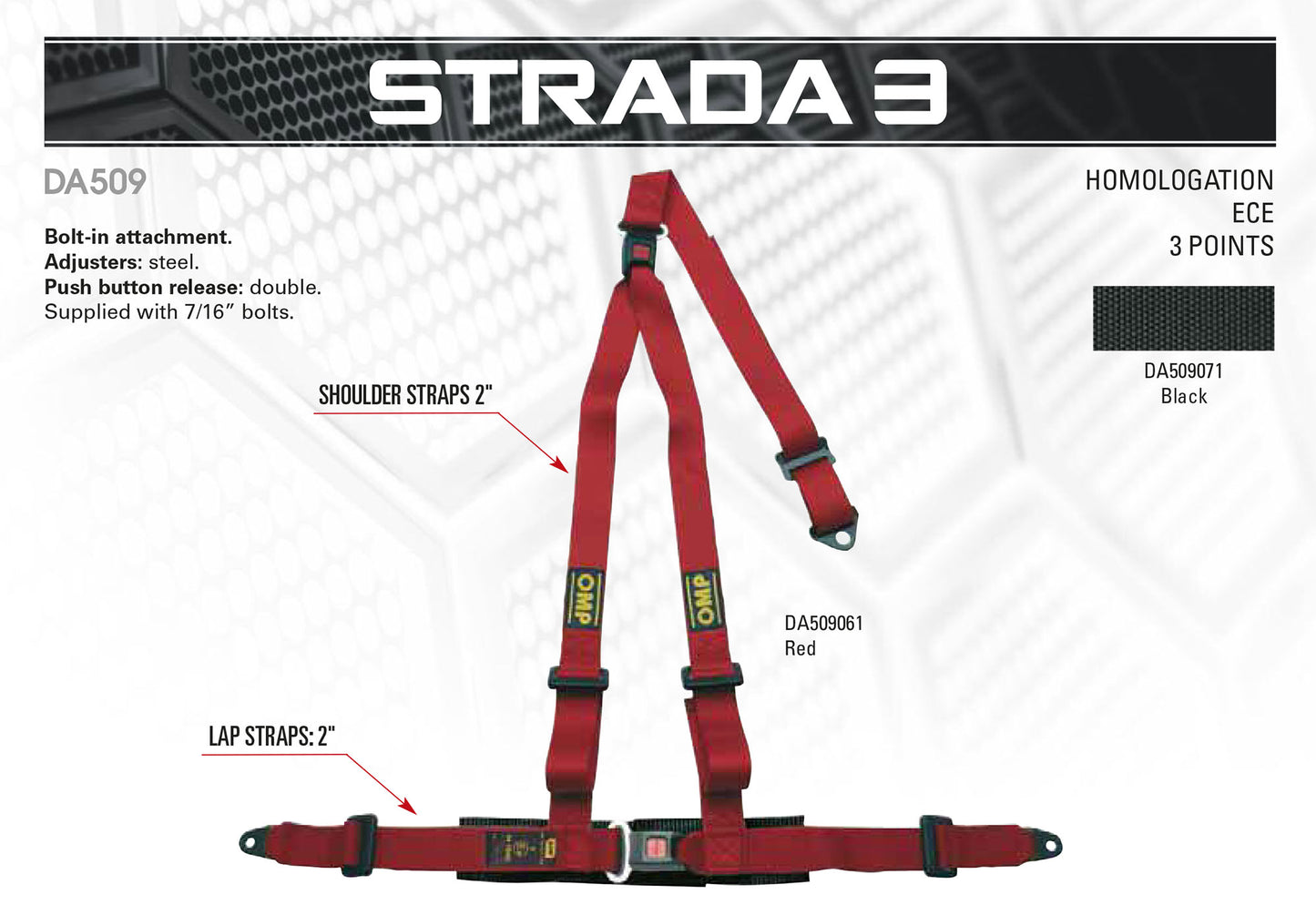 HARNAIS DE ROUTE OMP DA509 « STRADA 3 » SANGLES 3 POINTS 2" À BOULONNER - ROUGE ou NOIR