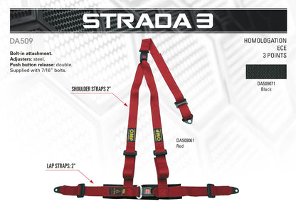HARNAIS DE ROUTE OMP DA509 « STRADA 3 » SANGLES 3 POINTS 2" À BOULONNER - ROUGE ou NOIR