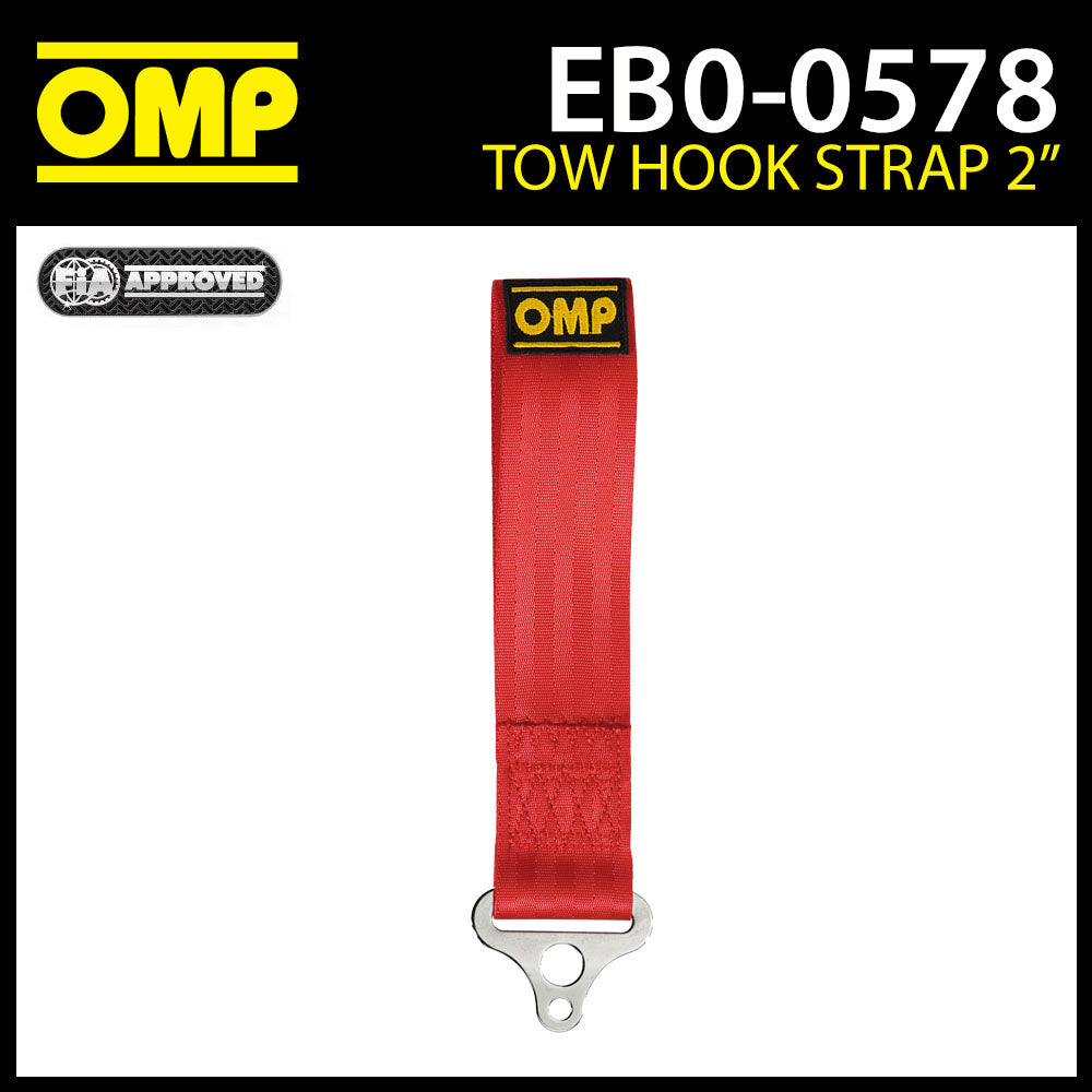 EB/578 OMP Racing Tow Hook Strap Red 2 Inch 2-Hole Chassis Fixing FIA Approved