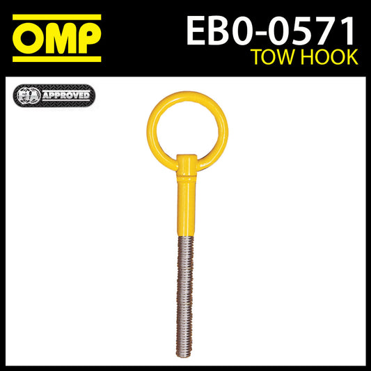 Crochet de remorquage OMP Racing EB/571 50 mm FIA en acier inoxydable peint en jaune Course/Rallye