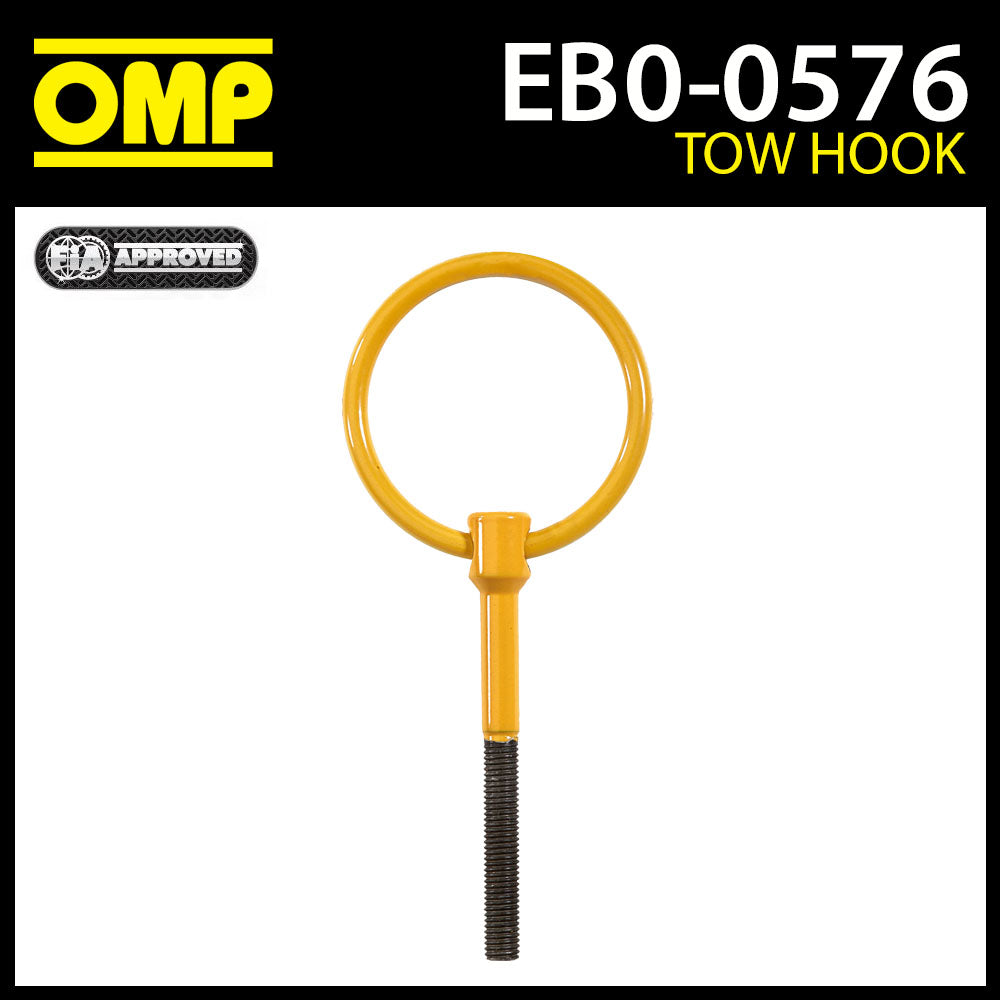 EB/576 OMP Racing Tow Hook 80mm FIA Approved - Stainless Steel Painted Yellow