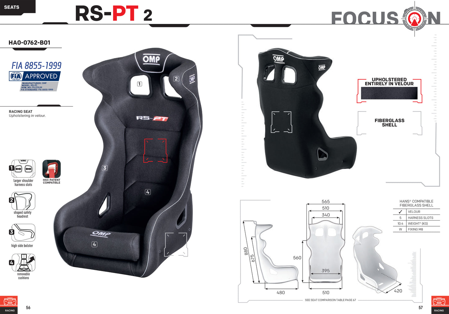 HA/762E OMP RS-PT 2 GT TOURING CAR BUCKET SEAT FIBREGLASS SHELL BLACK VELOUR