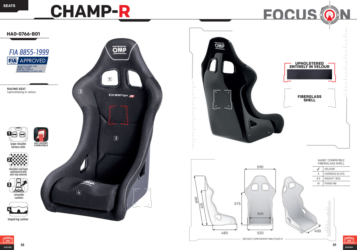 Siège de course OMP CHAMP-R HA/766E en fibre de verre avec revêtement en gel RACE RALLY VELOUR NOIR