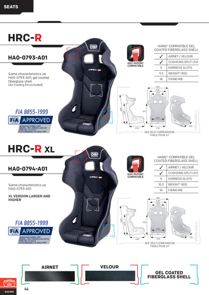 HA/793/N OMP HRC-R GT RACE SEAT FIA FIBREGLASS SHELL WITH FIRE RESISTANT AIRNET